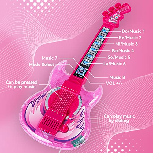 Guitar and Microphone Play Set for Girls,Karaoke Machine with Music&Light,Microphone Toys with Stand,Adjustable Height Guitar Toys for Kids,Toddlers,Child(Red)
