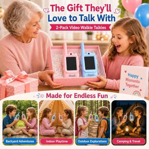 Video Walkie Talkies for Kids, 2 Pack Rechargeable with Screen | No WiFi Auto Pairing, Voice Changer | Indoor Outdoor Toys for Camping & Birthday Gifts for Boys Girls Ages 3-12, 500m Range