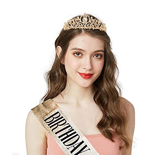 COCIDE Birthday Decorations for Women Sash and Tiara Crown for Party Gold | Happy Birthday Crowns for Adult Women, Party Decor Kit, Rhinestone Headband, Glitter Crystal Hair Accessories, Cake Topper