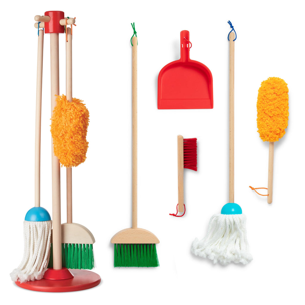 Melissa & Doug Dust Sweep Mop 6-Piece Wooden Cleaning Toy Set | 6 Pcs, Cleaning Pretend Play, Wooden Broom, Mop, Duster, Dustpan, Brush, Toy Storage Stand, Preschool Toys for Kids, Ages 3+