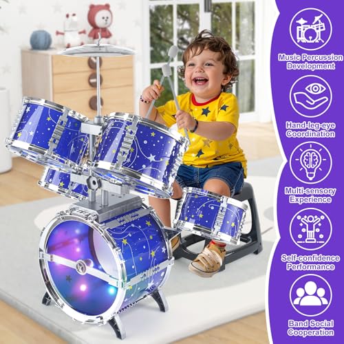 LinseyFun Upgraded Kids Drum Set for Toddlers 3-5, Light-up Jazz Drum Toy | Upgraded Kids Drum Set for Toddlers 3-5, Jazz Ages 4-6, Star Light up Musical Instrument Toy for Boys Girls 5-7 (All Plastic)