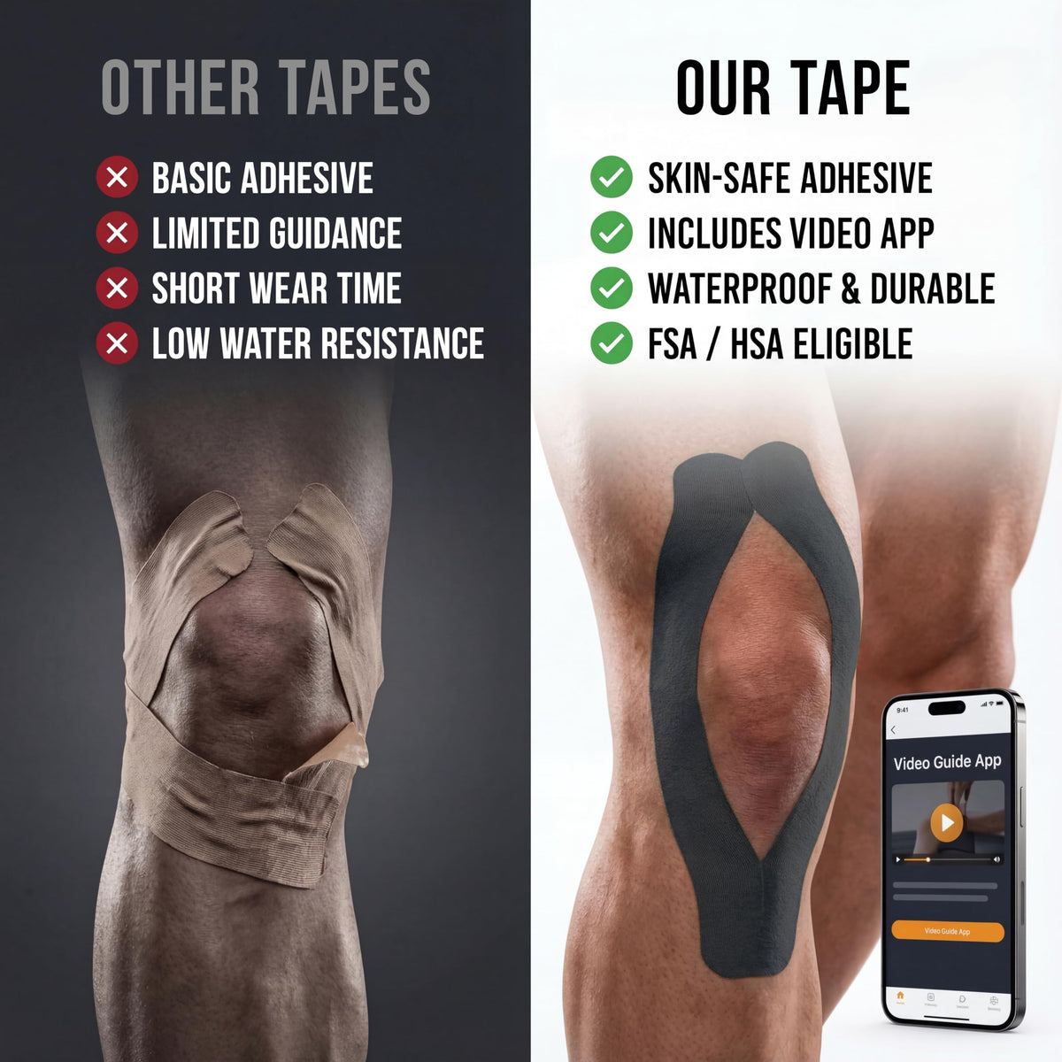 Winiom Kinesiology Tape - Waterproof Athletic Tape, Uncut Roll 2"x16.4ft | Midnight Black, 3-5 Day Adhesion, Hypoallergenic and Latex-Free for Knee, Shoulder, Arm and Back Support + Taping Guide