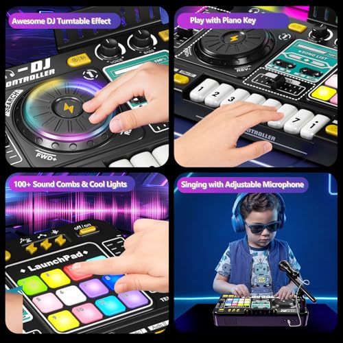 Tsomtto Kids DJ Mixer Table Musical Toy with Lights & Bluetooth | Electronic Music Toy with Microphone Piano, DJ Mixer Controller Toys Birthday Christmas Gifts for 3 4 5 6 Year Old Boys Girls
