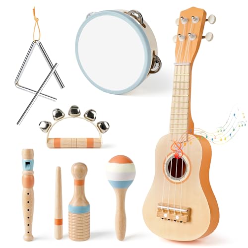 Vanplay Kids Guitar Set, 7-Piece Wooden Musical Instruments for Toddler 2-3 | Musical Band Set with wooden Ukulele/Flute/Maracas/Tambourine, Christmas/Birthday Gift for Boys & Girls Age 2 3 4 5