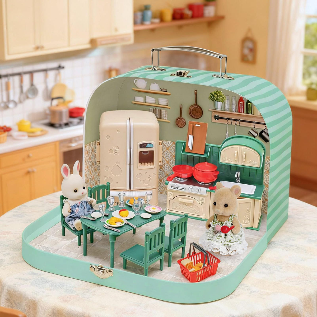 Dollhouse Kitchen Furniture Suitcase Set for Kids, 2 Flexible Dolls/Dining Tble/Kitchenware/Tableware/Refrigerator/Bread, Pretend Play Dollhouse Accessories Christmas Birthday Gift for Girls Ages 3+