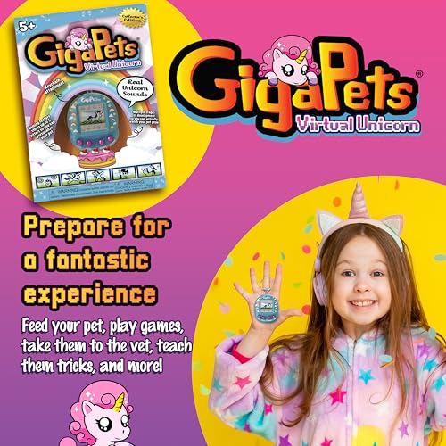 Giga Pets Interactive Digital Pet Toy, Boys & Girls, Unicorn, Ages 6+ | Virtual Pets for Boys and Girls Toy, 600+ Animations, App-Free Activities for Travel and Nostalgic 90s-Inspired Gifting