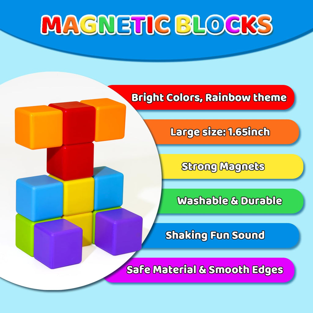 Magnetic Building Blocks Large, 1.65 inch Stacking Cubes for Toddlers | Sensory & Montessori Toys for Boys & Girls 1 2 3 Years Old, Toddler Travel Toys, Magnet Toys for Kids Birthday Gifts (12 PCS)
