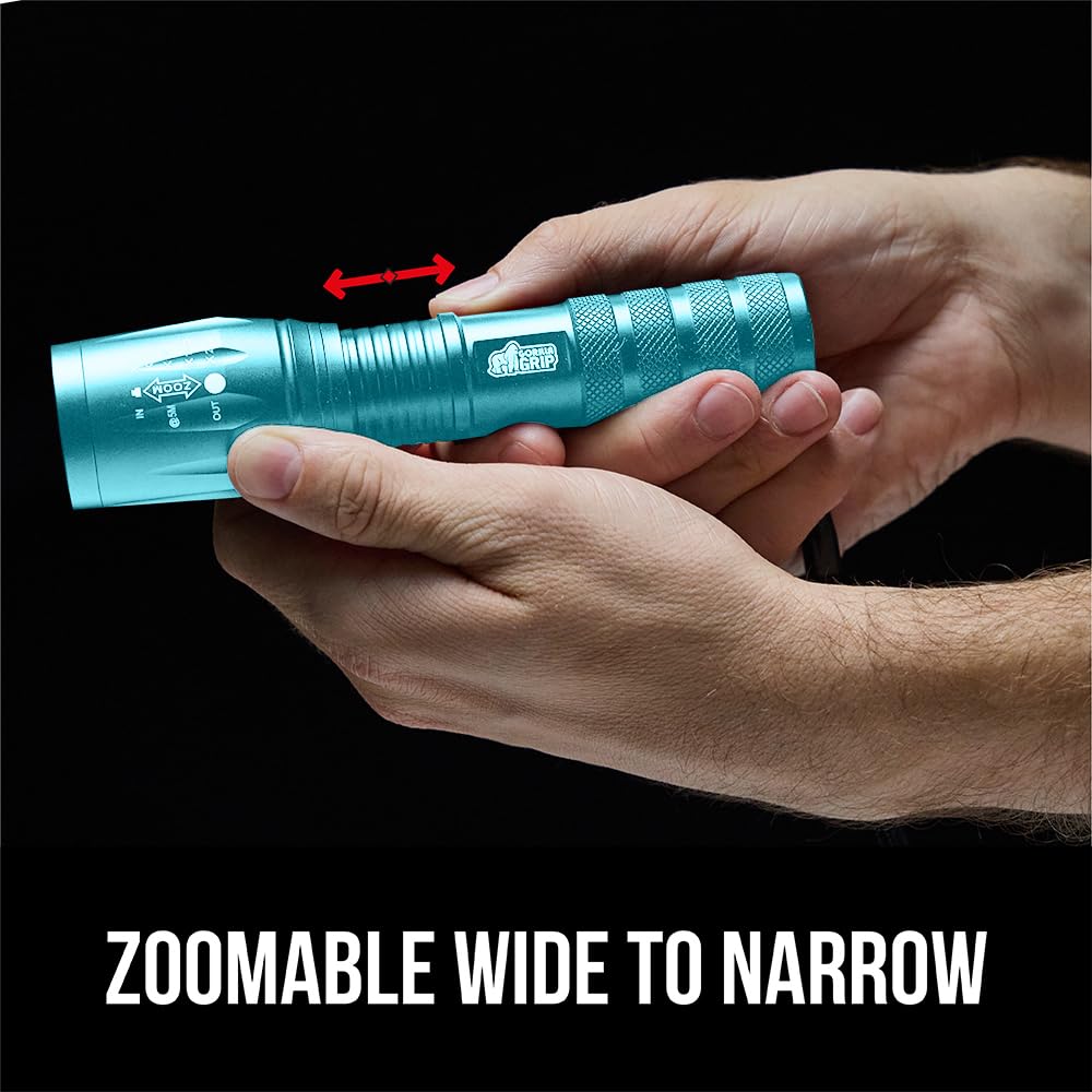 GORILLA GRIP Powerful LED Tactical Flashlight, Turquoise | Water Resistant 750 FT Lumen, 5 Adjustable Modes, Ultra Bright Zoom , Small Mini Flashlights, Camping, Night Dog Walking