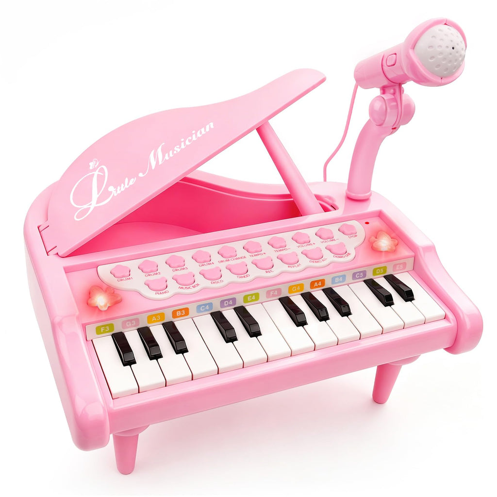 Love&Mini Piano Toys for Girls, 24-Key with Mic, Record & Playback, Ages 3+ | Kids Piano with 22 songs, 8 Percussion Sounds, LED lights, 4 Instrument Modes and Connect to MP3, Phone & Tablet