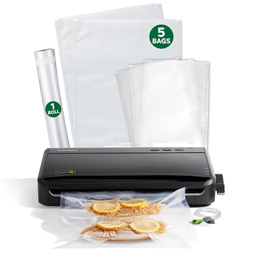 FoodSaver FM2100 Vacuum Sealer Machine, One-Touch Sealing, Roll Storage & Cutter, Dry & Moist Food, For Sous Vide Cooking, Accessory Port & Hose, Starter Bags & Roll Included