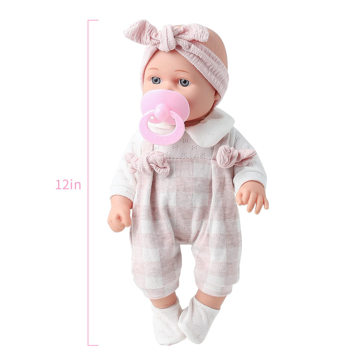 Enjoyin 12'' Baby Doll in Gift Box with Pink Cloths, Pacifier, 13''x13'' Microfabric Blanket, and Feeding Bottle. Gift Idea for Kids