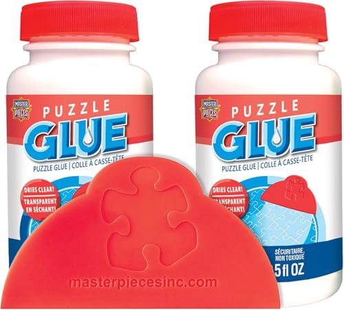 MasterPieces – Puzzle Glue with Wide Plastic Spreader, Easy to Apply, Dries Quick and Clear, Protects Finished Jigsaw Puzzles, Water-Soluble, 2 Pack, 5 oz Each