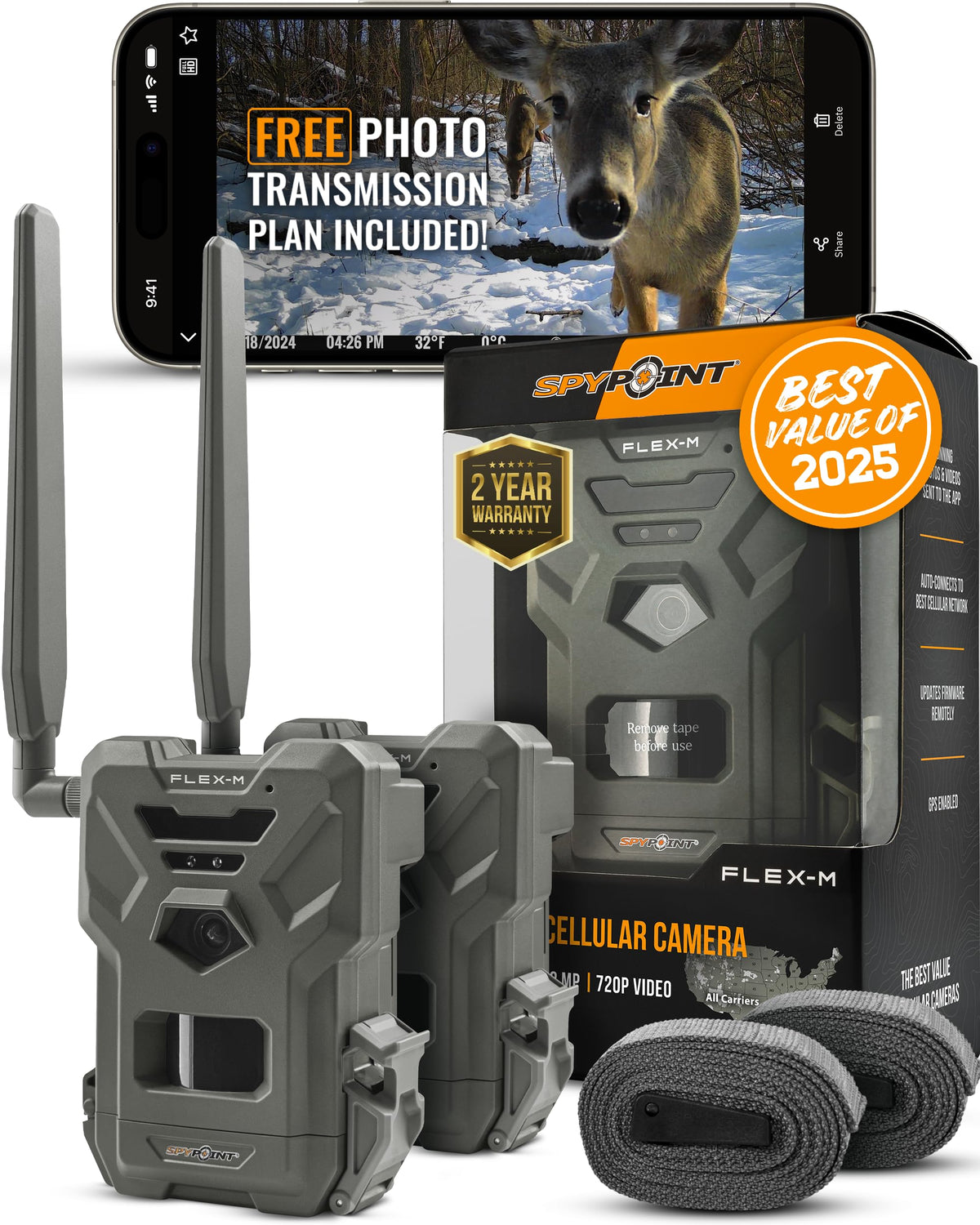 SPYPOINT Flex-M Twin, Cellular Trail Camera, Night Vision, Free Photo Plan | Auto Multi Cell-Network, LTE, GPS, Waterproof, 0.5 Second Trigger, 28MP Photo, 720p Video+ Sound, 90Ft Motion Dection & Flash