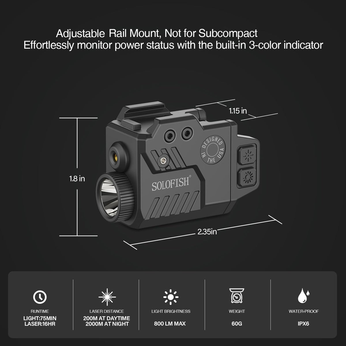 Solofish 800 Lumens Pistol Light Laser Combo | Strobe Function for Green Laser and Tactical Light with Adjustable Rail Fits Guns w/ Rail