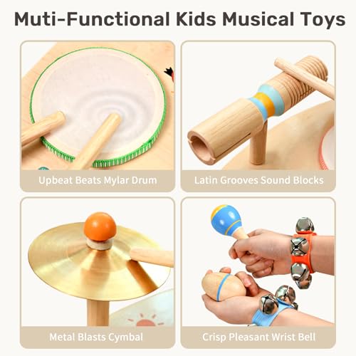 Wingyz Kids Drum Set, 11-in-1 Wooden Musical Instruments for Toddlers | Low-noise Montessori Music Toys with Drums, Cymbals, Maracas and Wrist Bells for Rhythm play,1st birthday gifts