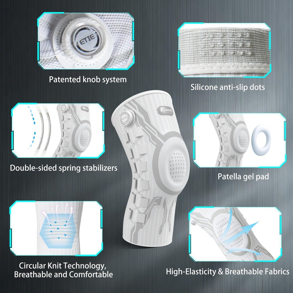 Kuangmi Knob Knee Brace for Pain Relief, Knee Support with Patella Gel Pad & Side Stabilizers, Compression Knee Sleeve for Workout, Arthritis, Joint Pain, Meniscus Tear (White,Right,Large,Single)