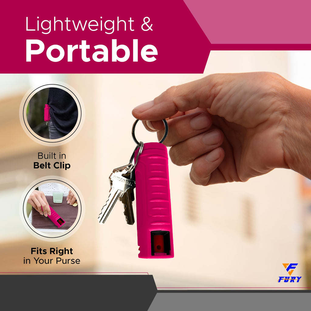 FURY Hardshell Pepper Spray - 12Ft Range, Max Strength, UV Dye Identifier, Anti-Leak & Anti-Misfire, Slidetop Trigger, Belt Clip & Key Ring, Multiple Color Options, Self-Defense Spray