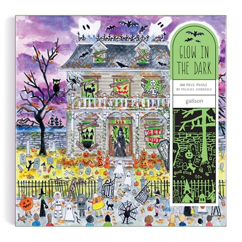 Galison Haunted House – 500 Piece Glow in The Dark Jigsaw Puzzle Featuring Spooky Artwork of A Haunted House