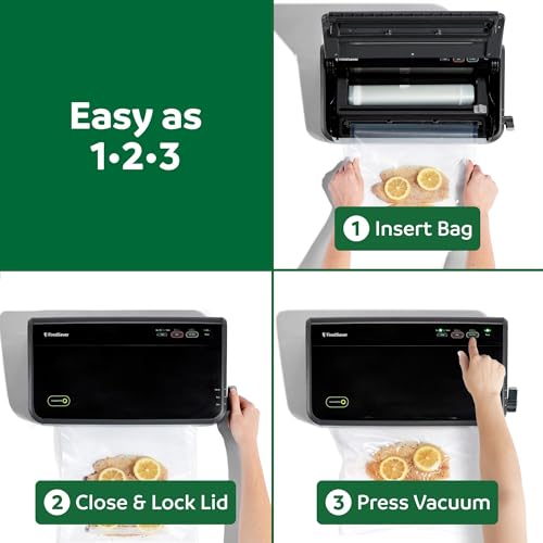 FoodSaver FM2100 Vacuum Sealer Machine, One-Touch Sealing, Roll Storage & Cutter, Dry & Moist Food, For Sous Vide Cooking, Accessory Port & Hose, Starter Bags & Roll Included