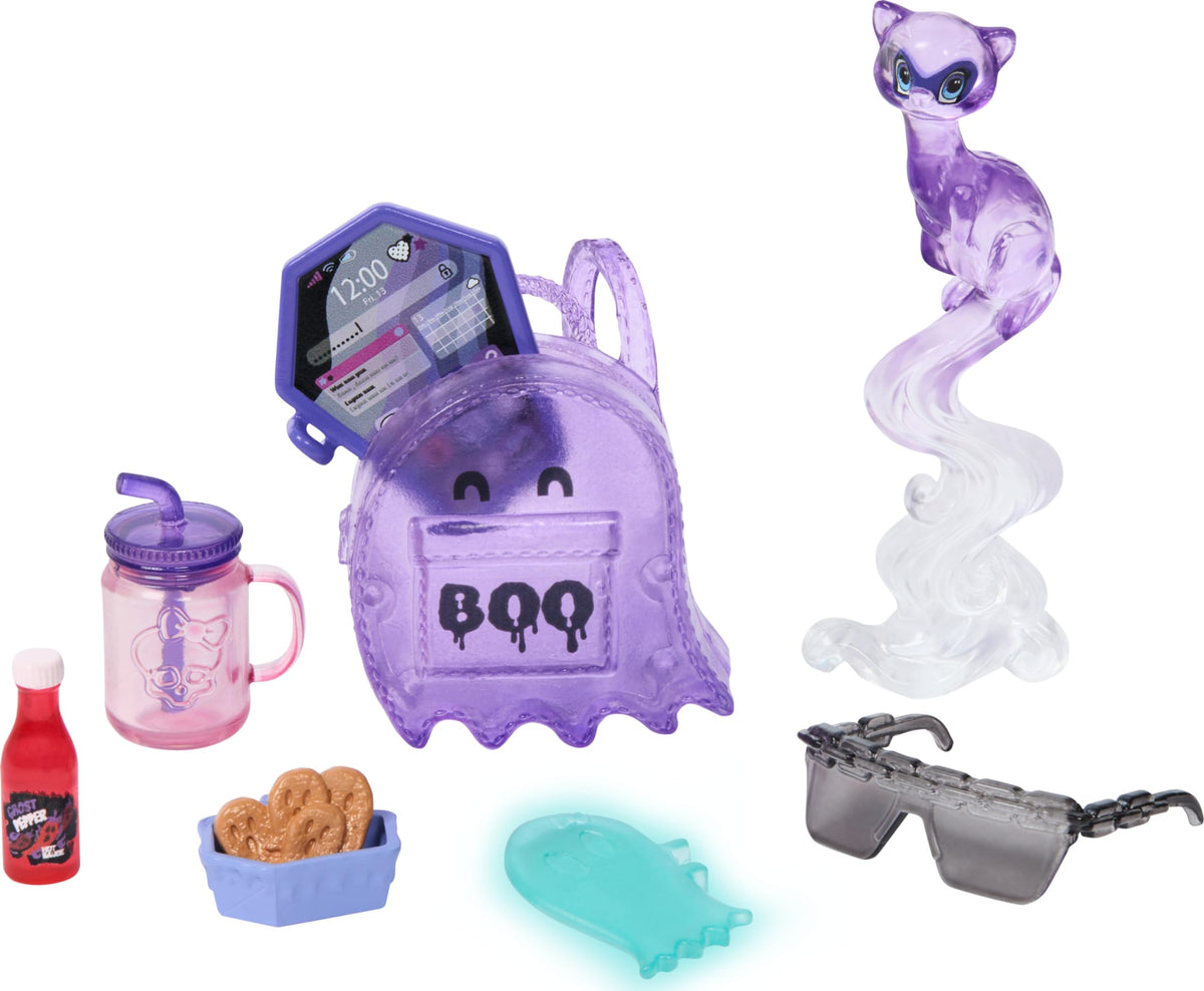 Monster High Spectra Vondergeist Doll | Ghost in Purple Clothes, Includes Pet Ferret Rhuen, 7 Accessories like Backpack, Tablet, Snacks and More