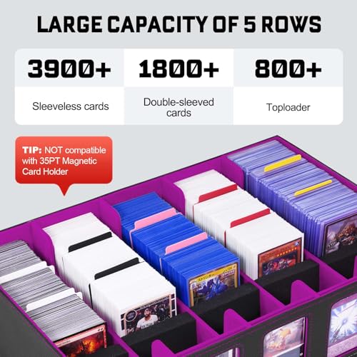 ZLCA Trading Card Storage Box 5-Row with Handle, MTG Storage Box | Holds 3900+ Cards with Commander Display, Top Loaders Organizer Case for TCG PTCG Sport Card(Black&Purple)