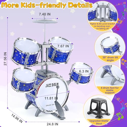 LinseyFun Upgraded Kids Drum Set for Toddlers 3-5, Light-up Jazz Drum Toy | Upgraded Kids Drum Set for Toddlers 3-5, Jazz Ages 4-6, Star Light up Musical Instrument Toy for Boys Girls 5-7 (All Plastic)
