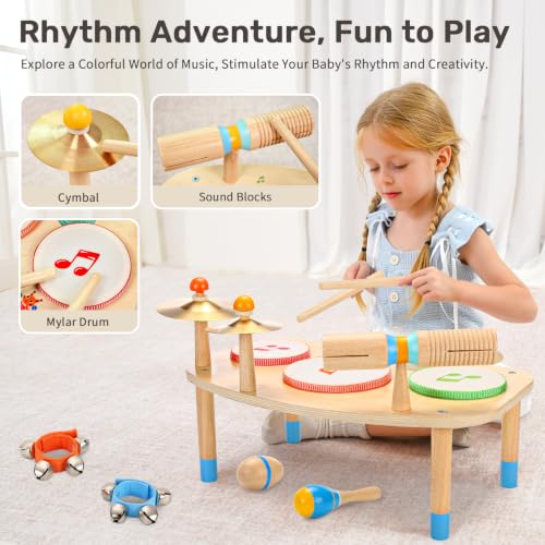 Wingyz Kids Drum Set, 11-in-1 Wooden Musical Instruments for Toddlers | Low-noise Montessori Music Toys with Drums, Cymbals, Maracas and Wrist Bells for Rhythm play,1st birthday gifts