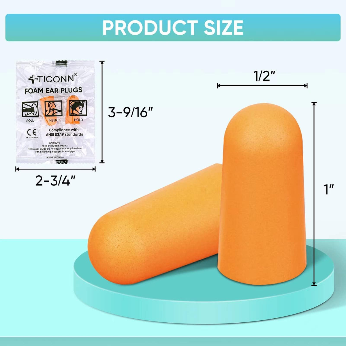 TICONN 200 Pairs Foam Ear Plugs Individually Wrapped, 32dB NRR for Sleep | Hearing Protection, Individually Wrapped, Secure Comfortable Fit, Disposable & Hygienic, for Study, Hunting, Work & Sleep