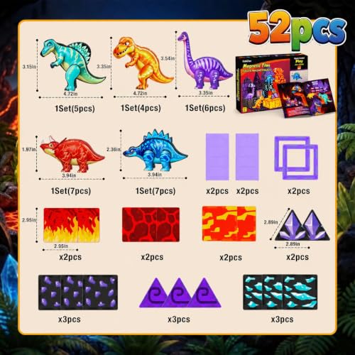 Dinosaur Toys Magnetic Tiles, 5 Movable Lava Dinosaur Toys for Kids 3-5 5-7 | 3 4 5 Year Old Boy Birthday Gift for Dinosaurs Lovers, STEM Educational Magnetic Blocks for Girls Boys Toy Age 4-6 6-8