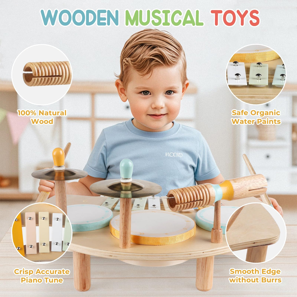 Kids Drum Set, Montessori Toys Wooden Musical Instruments for Baby Toddlers | Drum Kit with Cymbals & Xylophone, Sensory Toys for Music Learning, Fine Motor Skills, Preschool Birthday Gift for Boys Girls