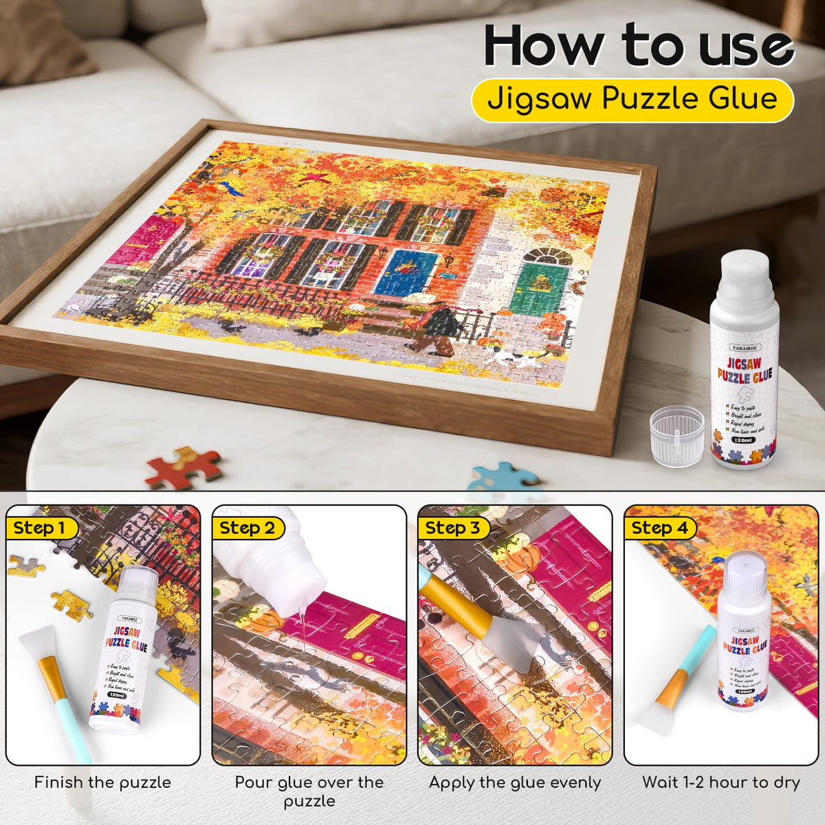 YAKAMOZ Jigsaw Puzzle Glue Clear with Silicone Brush, Sponge Head, 120mL | Clear Drying Formula | Protect Finished Puzzle Artwork | Easy Sponge Head Application