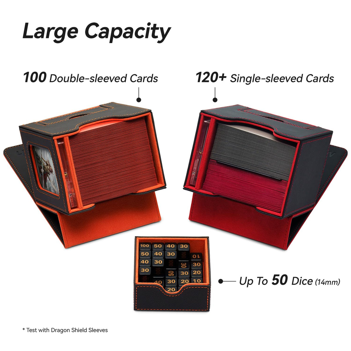 Mage Tech Card Deck Box for MTG Commander - Patented Design, Commander Display, Fits 100 Double-Sleeved Cards, 35pt Card Brick & Dice Tray - Black/Red
