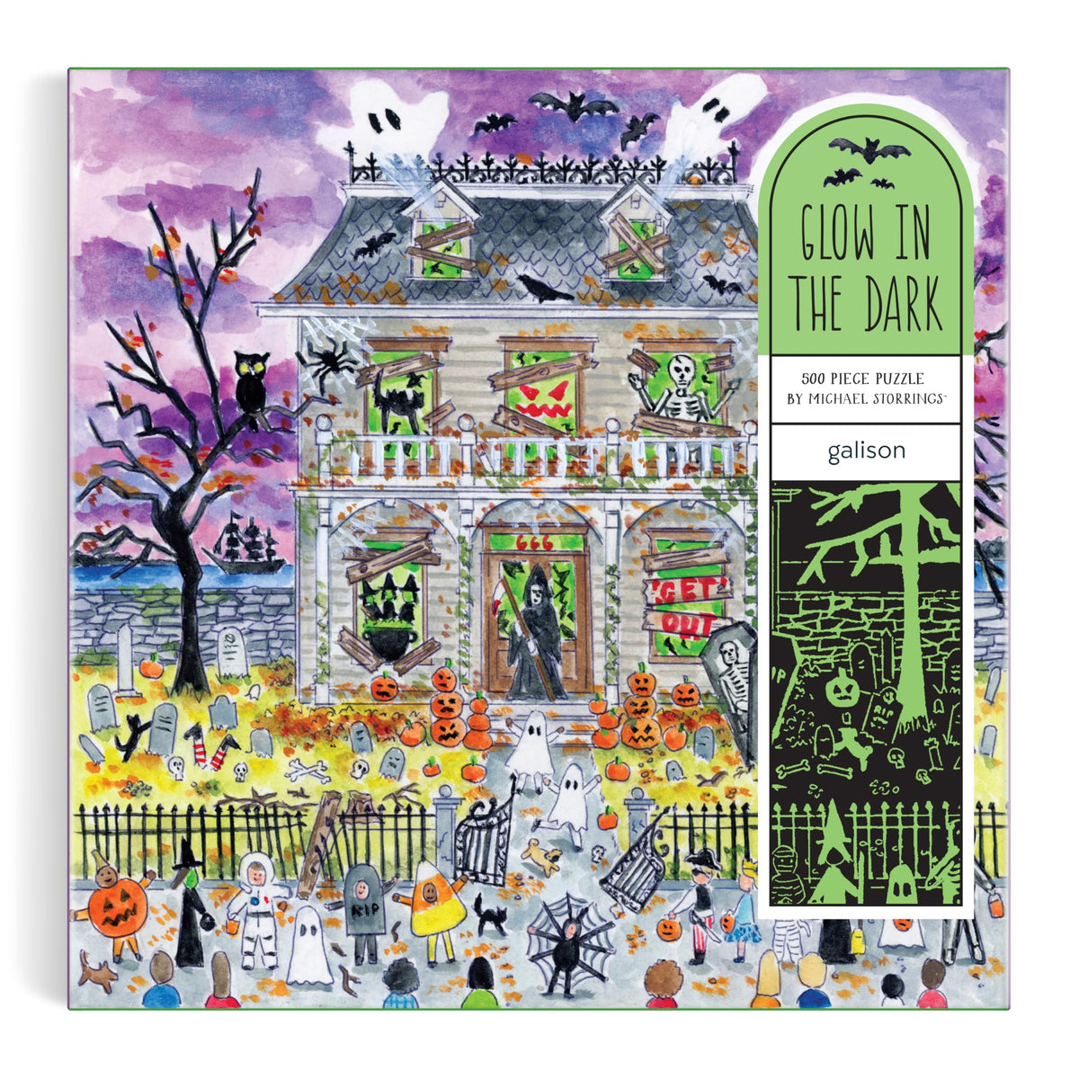 Galison Haunted House – 500 Piece Glow in The Dark Jigsaw Puzzle Featuring Spooky Artwork of A Haunted House