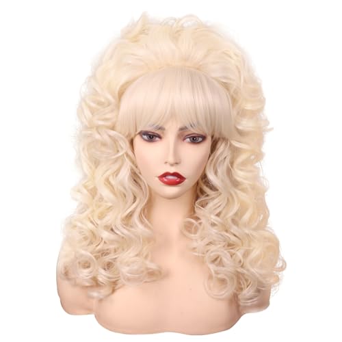 FantaLook Blonde Long Curly Wig with Bangs, Vintage Costume Wig for Women | Retro 60s 70s 80s styling wig, ideal for queen cosplay, Halloween party, disco & themed fancy dress events.