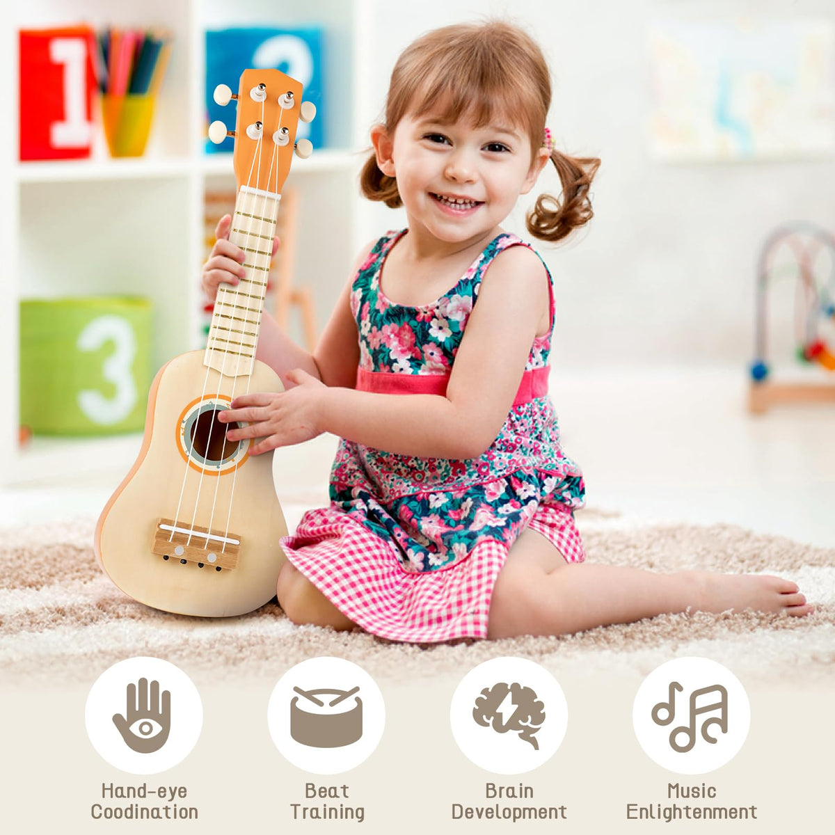 Vanplay Kids Guitar Set, 7-Piece Wooden Musical Instruments for Toddler 2-3 | Musical Band Set with wooden Ukulele/Flute/Maracas/Tambourine, Christmas/Birthday Gift for Boys & Girls Age 2 3 4 5