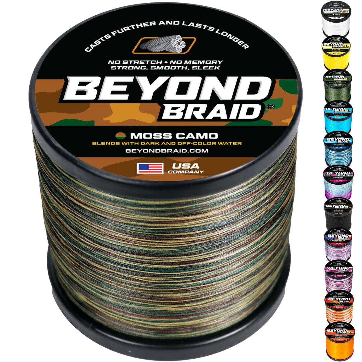 Beyond Braid Braided Fishing Line -Super Strong - Abrasion Resistant - No Stretch -Blue Camo, Moss Camo, White, Green, Pink, Blue, 4 Strand 8 Strand