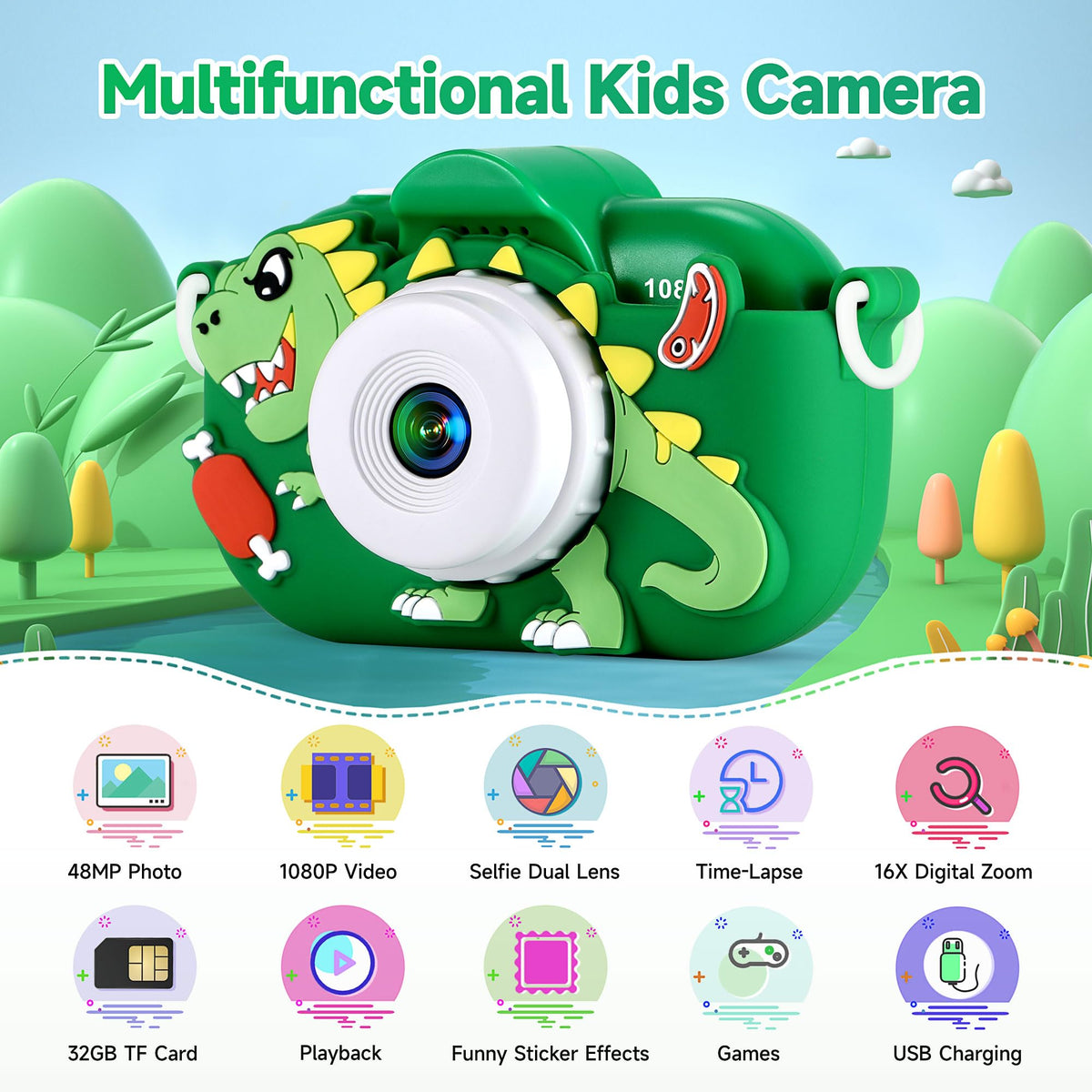 Kids Camera Boys Toys for 3 4 5 6 7 8 9 Years Old Boys, 48MP Dual Lens Kids Digital Camera Christmas Birthday Gifts, 1080P HD Video Selfie Toddler Camera with 32G SD Card
