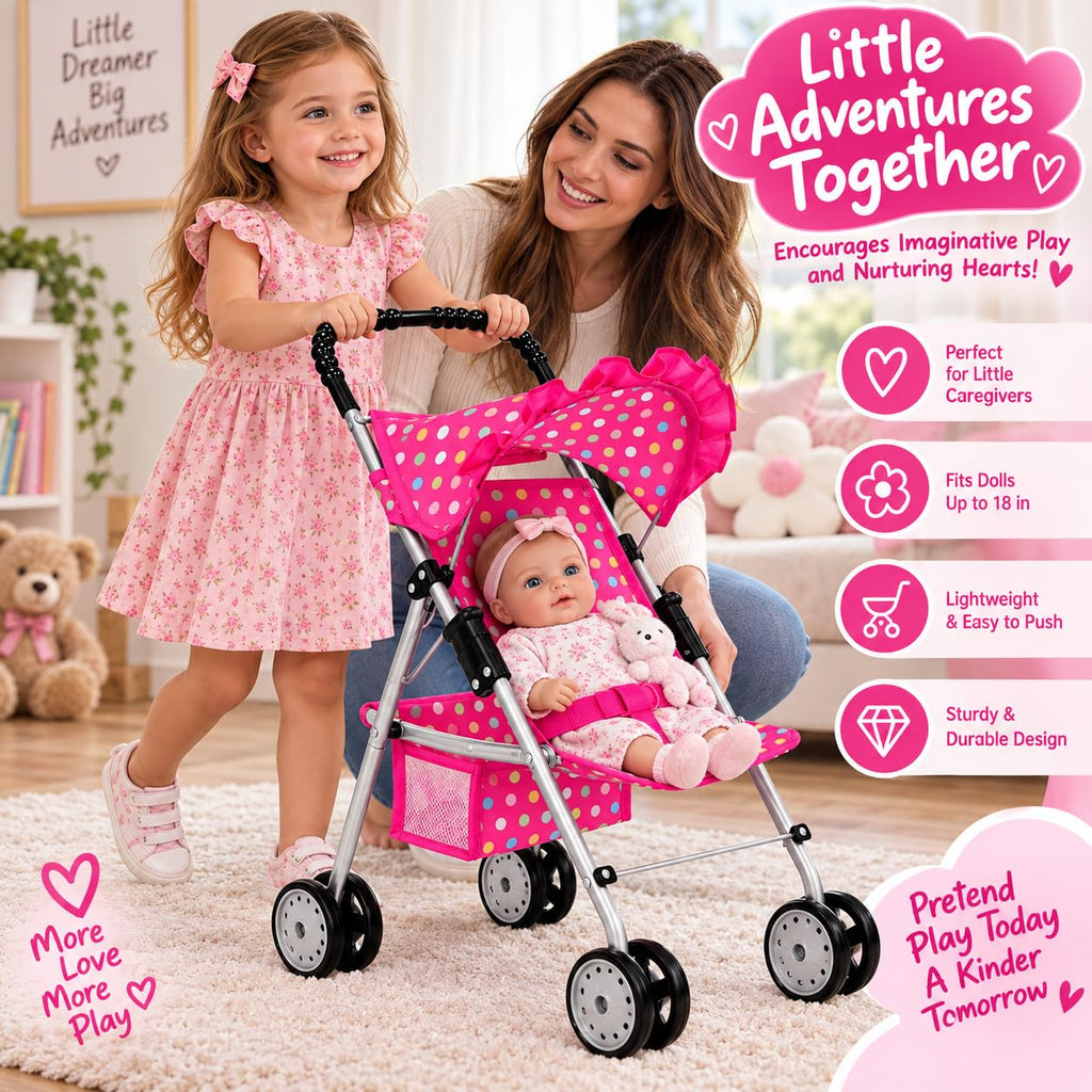 My First Baby Doll Stroller for Kids – Foldable Toy Stroller for 18 Inch Dolls with Storage Basket, Double Wheels & Canopy – Pretend Play Toy Stroller
