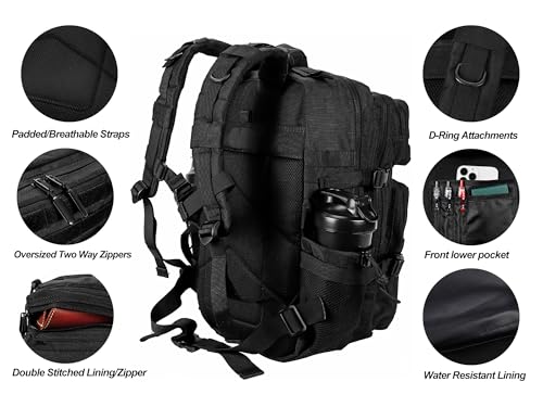 LHI Military Tactical Backpack for Men and Women 45L Army 3 Days Assault Pack Bag Large Rucksack with Molle System Black