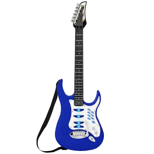 Best Choice Products Kids Electric Guitar Set with Microphone & Amp, Interactive Musical Toy for Boys & Girls, Lights & Sounds, Demo Songs, AUX Input, DIY Stickers - Blue