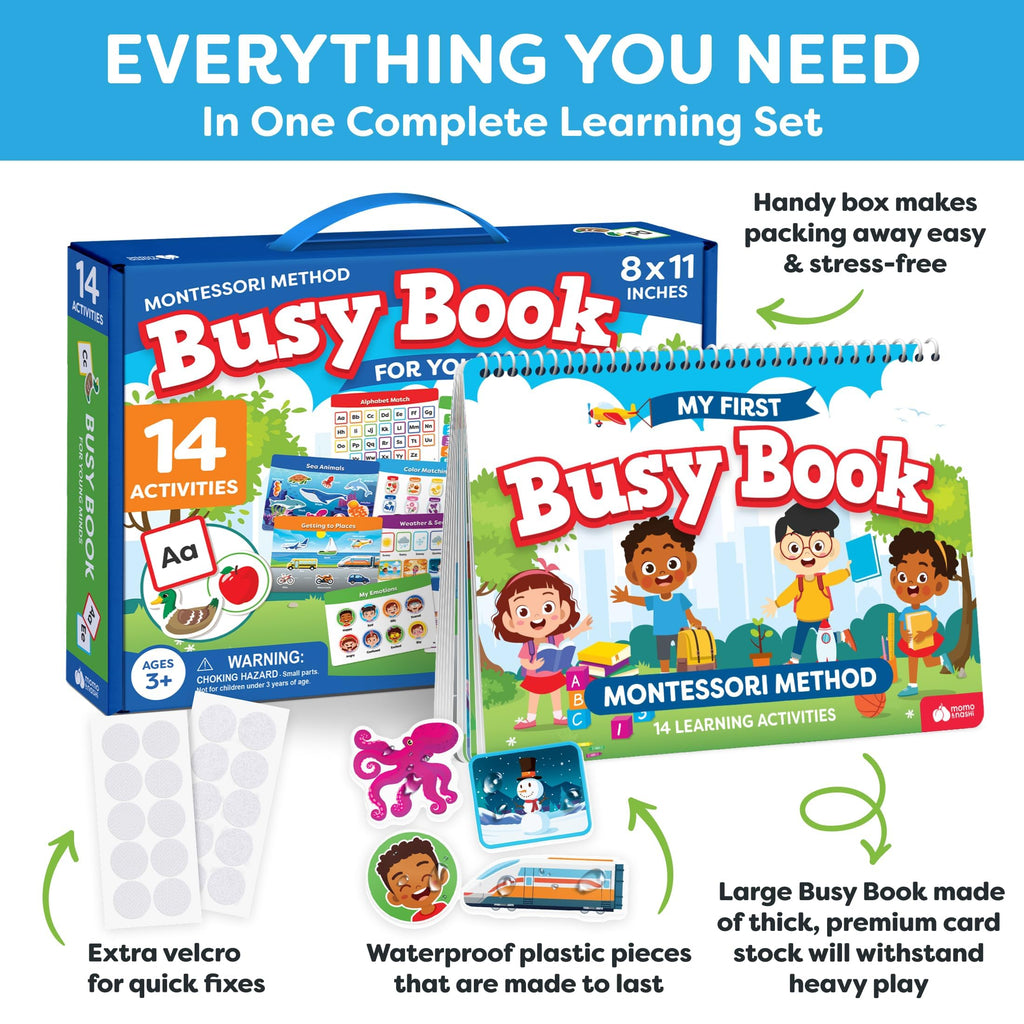 Montessori Busy Book & Preschool Learning Workbook for Toddlers Ages 3-5 | Preassembled Quiet Activity Book - Educational Travel Toy - Toys and Gifts for Kids