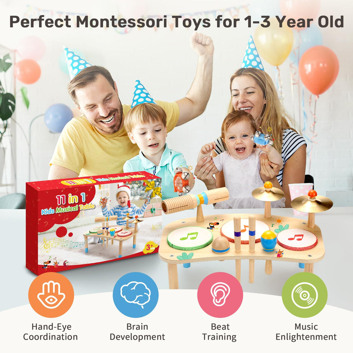 Wingyz Kids Drum Set, 11-in-1 Wooden Musical Instruments for Toddlers | Low-noise Montessori Music Toys with Drums, Cymbals, Maracas and Wrist Bells for Rhythm play,1st birthday gifts
