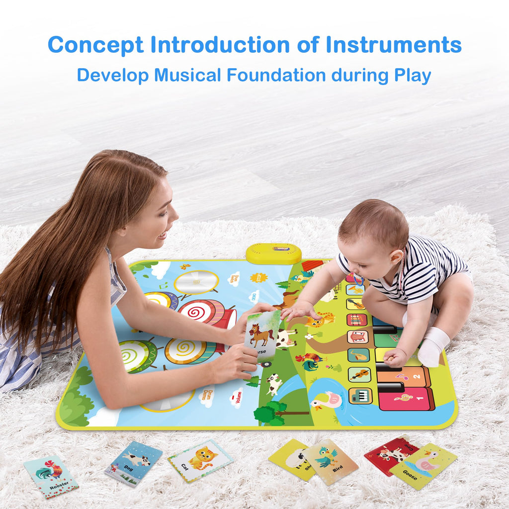 FOKI 3-in-1 Floor Piano Mat, Musical Toys for Toddlers 1-3, Baby Music Mat | 35.4 x 27.6 in Sensory Toy, 3 Sound Channels, 200-Note Record & Playback, 8 Music Cards, Gifts for 1 Year Old Boys & Girls