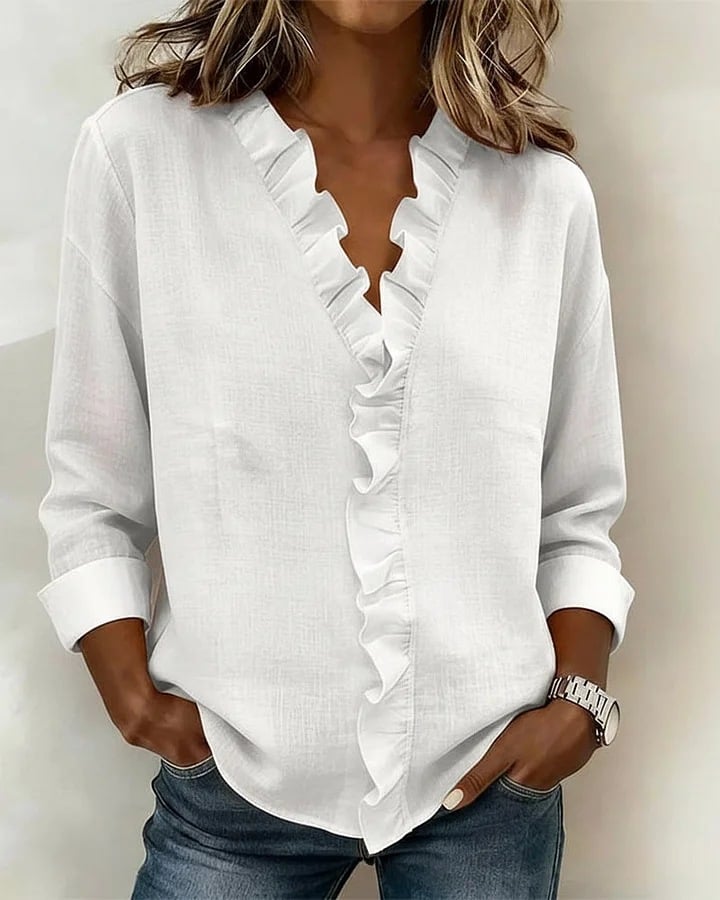 ruffle-v-neck-long-sleeve-blouse