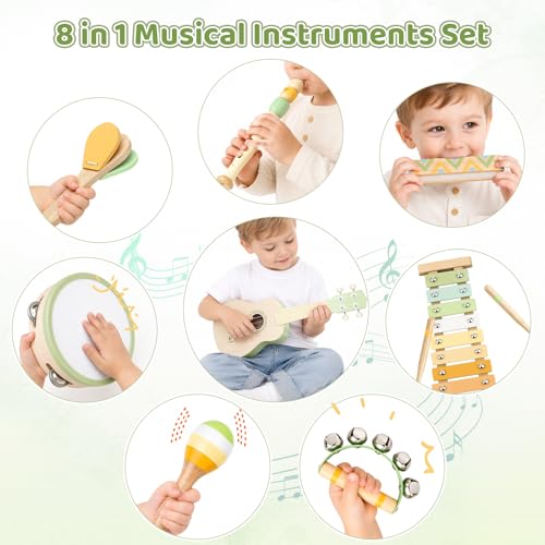 Kids Guitar Set - 8 in 1 Toddler Montessori Musical Instruments | Wooden Baby Ukulele Xylophone Tambourine Maracas Flute, Toy Guitar for Toddler, Mini Guitar Set Toddler Gifts for 2 year