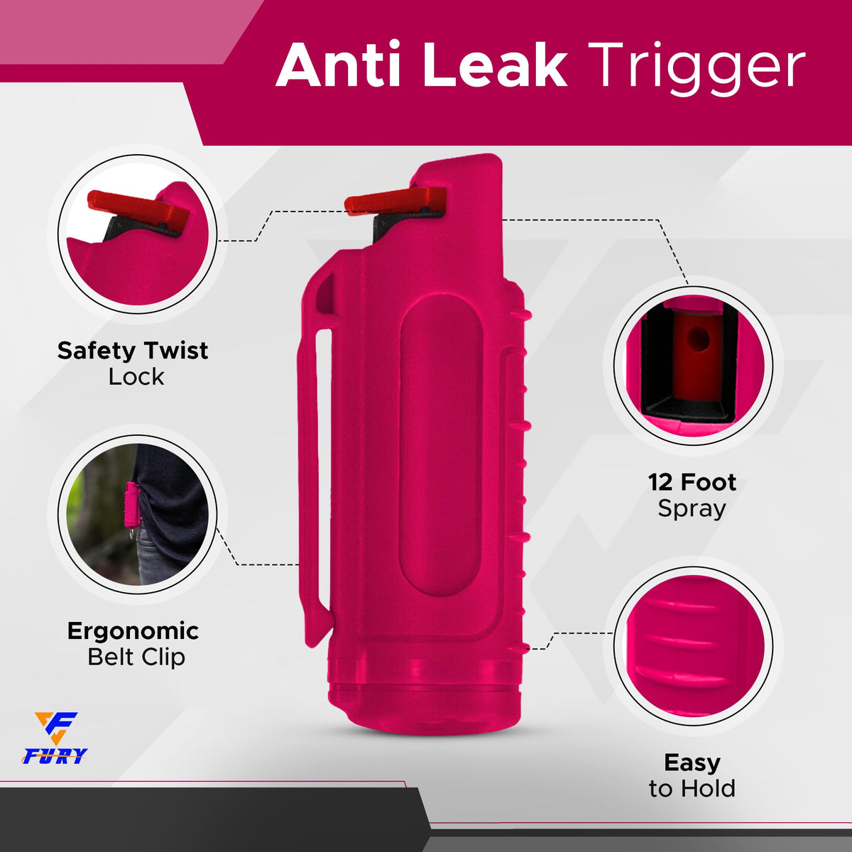 FURY Hardshell Pepper Spray - 12Ft Range, Max Strength, UV Dye Identifier, Anti-Leak & Anti-Misfire, Slidetop Trigger, Belt Clip & Key Ring, Multiple Color Options, Self-Defense Spray