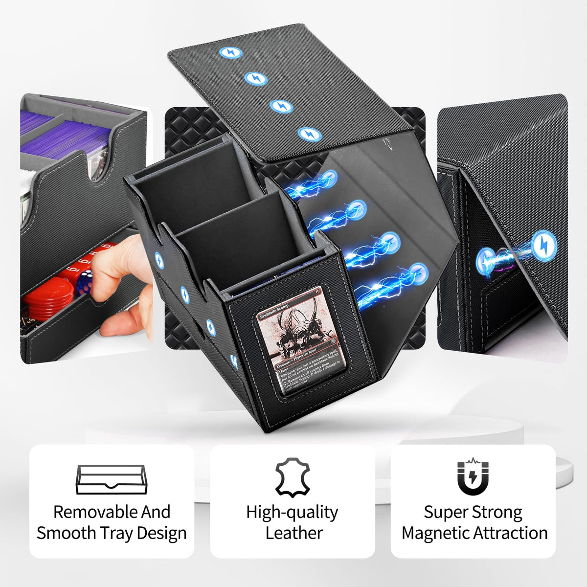 UAONO 3-in-1 MTG Commander Deck Box, Black Gray | 2 Magnetic Card Holders & 1 Dice Tray, Fits 200 Double Sleeved, Card Organizer Compatible with Magic the Gathering