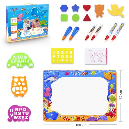 Water Doodle Mat - Kids Color Painting Toy, Gift Set for Toddlers 2-7 | Great Educational Water Doodle Mat - Toddler Painting Toy Gift with Fun Stencils, Magic Pens & Drawing Templates for Kids