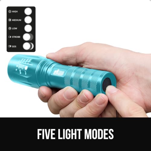GORILLA GRIP Powerful LED Tactical Flashlight, Turquoise | Water Resistant 750 FT Lumen, 5 Adjustable Modes, Ultra Bright Zoom , Small Mini Flashlights, Camping, Night Dog Walking