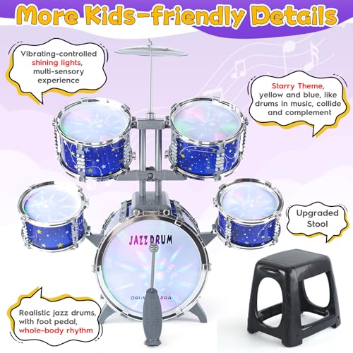 LinseyFun Upgraded Kids Drum Set for Toddlers 3-5, Light-up Jazz Drum Toy | Upgraded Kids Drum Set for Toddlers 3-5, Jazz Ages 4-6, Star Light up Musical Instrument Toy for Boys Girls 5-7 (All Plastic)